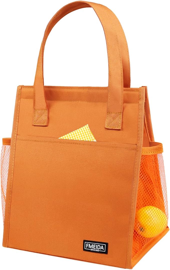 Fmeida Insulated Lunch Bag, Simple Lunch Tote Bags, Waterproof Thermal Cooler Lunch Kit, Reusable Adult Lunch Box Bag for Women | Small Orange, Front&Side&Interior Pockets