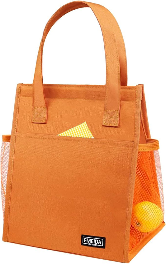 Fmeida Insulated Lunch Bag, Simple Lunch Tote Bags, Waterproof Thermal Cooler Lunch Kit, Reusable Adult Lunch Box Bag for Women | Small Orange, Front&Side&Interior Pockets