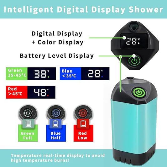 Portable Shower, Camping Shower Rechargeable Electric Shower Pump with USB-C & Smart Digital Display, Multifunctional Handheld Shower Head for Rinsing, Hiking, RVing, Beach Vacations (Blue)