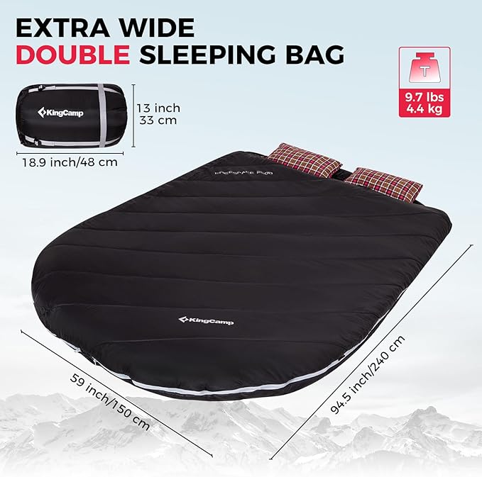 KingCamp Double Sleeping Bag for Adults, Queen Size 2 Person XXL Flannel Sleeping Bag, Waterproof Lightweight Flannel Quilt with 2 Pillows, Perfect for Couples Family Camping Hiking