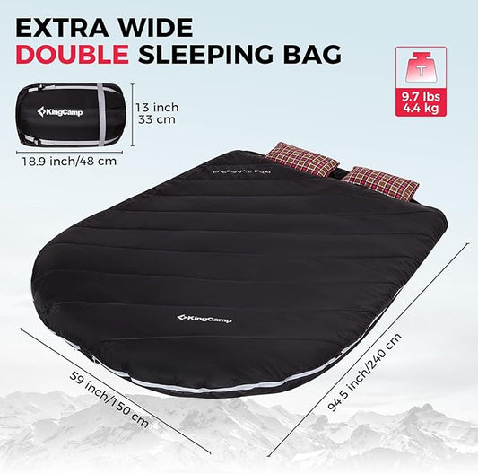 KingCamp Double Sleeping Bag for Adults, Queen Size 2 Person XXL Flannel Sleeping Bag, Waterproof Lightweight Flannel Quilt with 2 Pillows, Perfect for Couples Family Camping Hiking