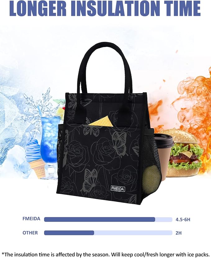 Fmeida Insulated Lunch Bag Women, Simple Lunch Tote Bags, Waterproof Thermal Cooler Lunch Bag, Reusable Adult Lunch Box Bag for Women | Medium Butterfly, Front&Side&Interior Pockets
