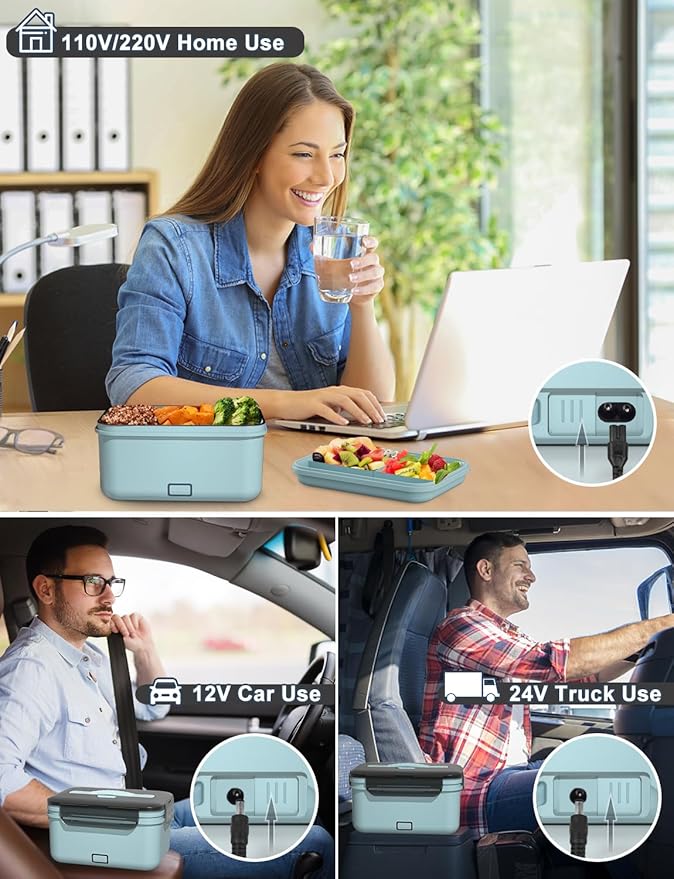 Monteka Electric Lunch Box Food Heater, New 100W High Power Portable Food Warmer, Heated Lunch Box for Adults Car/Home with 1.8L Removable Stainless Steel Container, 12V/24V/110V/220V