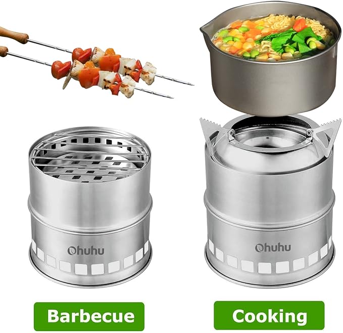 Camping Stove, Ohuhu Camp Stove Wood Burning Stove Stainless Steel Stoves Mini Portable Stove for Camping Picnic BBQ Backpacking Hiking Survival Emergency Cooking Outdoor with Grill Grid Carry Bag