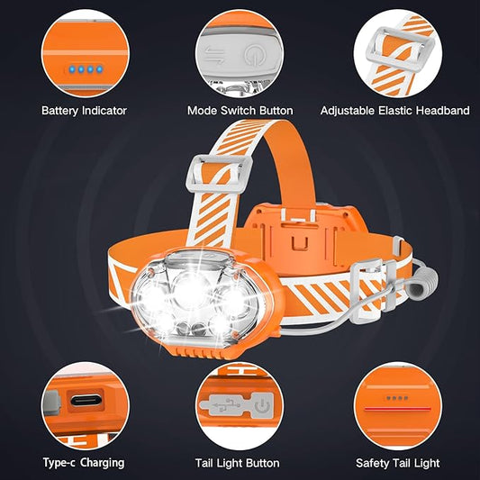 Rechargeable Headlamp, 20000 High Lumen 5 LED Head Lamp with Red White Light, IPX4 Waterproof Headlight,8 Mode Head Flashlight for Outdoor Running Hunting Fishing Hiking Camping Gear-Orange
