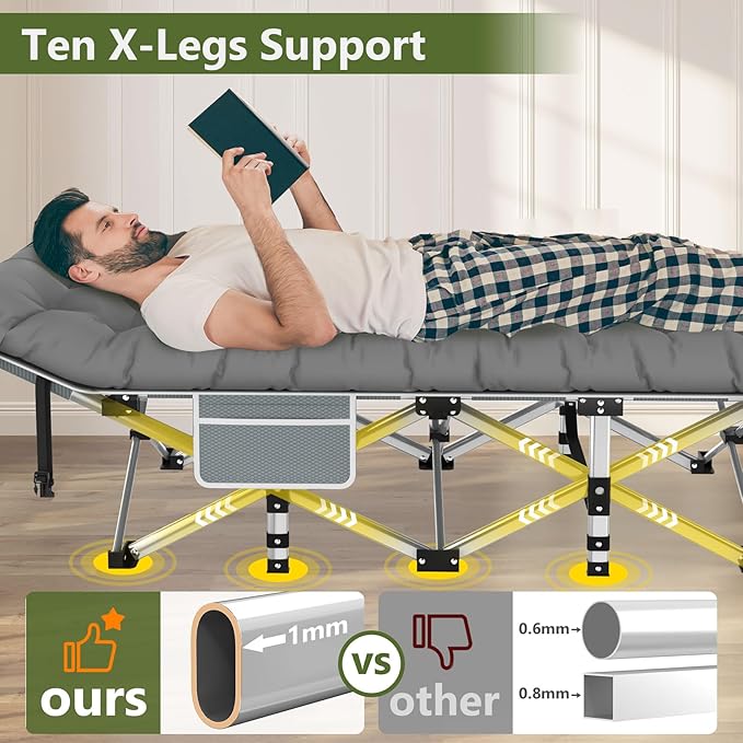 Slendor Camping Cot, Folding Camping Cots for Adults, Portable Sleeping Cot with Carry Bag, 1200D Double Layer Oxford, Camp Cot Bed for Guest Travel, Hiking, Support 500lbs, Charcoal Grey