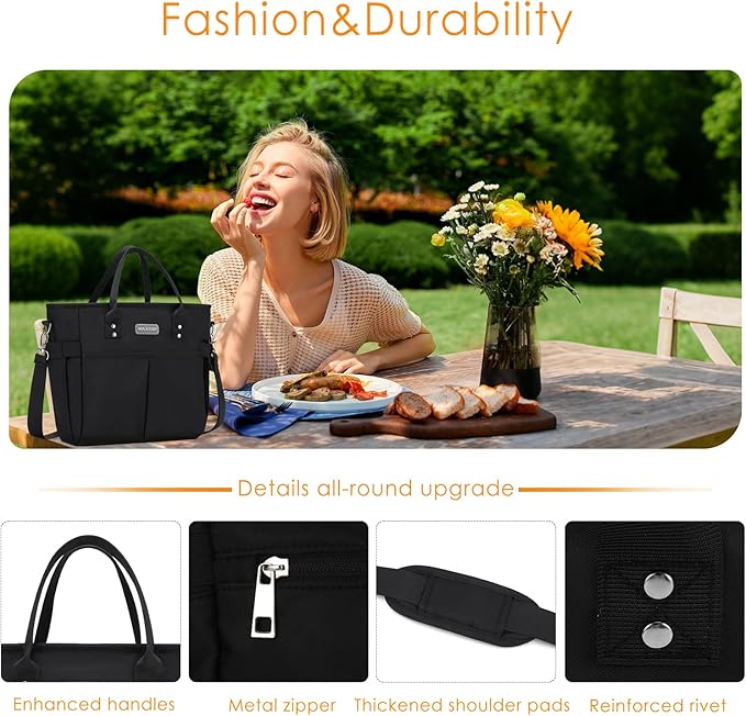 MAXTOP Lunch Bag Women for Work Insulated Thermal Lunch Box for Men with Wide-Open Pocket Reusable Leakproof Cooler Bags with Removable Shoulder Strap for Teacher Nurse Office Picnic Travel Black