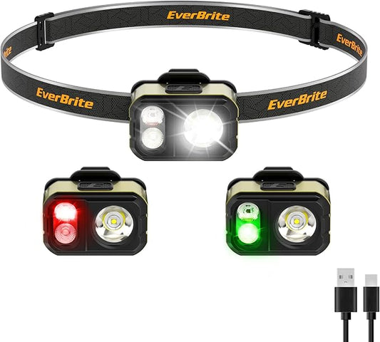 EverBrite Rechargeable LED Headlamp, Ultra-Light with Hat Clip, IP67 Waterproof, White/Red/Green Light, 7 Modes for Camping, Running and Backpacking-Green