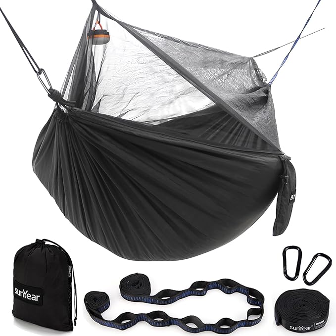 Sunyear Hammock Camping with Rain Fly Tarp and Net, Portable Camping Hammock Double Tree Hammock Outdoor Indoor Backpacking Travel & Survival, 2 Tree Straps,100% Waterproof