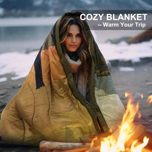 Outdoor Camping Blanket with Sherpa Lining, Extra Warm Thick Camp Blankets & Puffy Ultralight Soft Poncho DWR Camping Quilt for Cold Weather, Adventure,Sleeping,Backpacking 78"x 56"