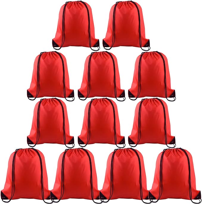 KUUQA 12 Pcs Drawstring Backpack Bags Sport Gym Sack Cinch Bags Bulk for School Traveling and Storage (Red)
