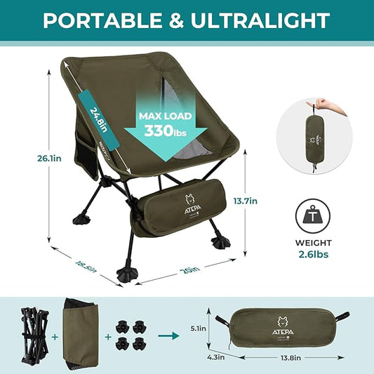 ATEPA Backpacking Chair, Ultralight Folding Portable Small Camping Chairs for Adults Compact Foldable Beach Seat with Anti-Sinking Feet & Aluminum Frame for Outdoor Hiking Travel Fishing