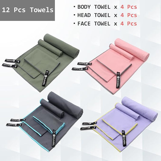 4 Set Quick Dry Camping Towel, Microfiber Travel Towel Super Absorbent Fast Drying Towel for Camping, Beach, Gym, Backpacking & Swimming(Four 3-Piece Towel Sets, Army Green/ Grey/ Taro Purple/ Pink)