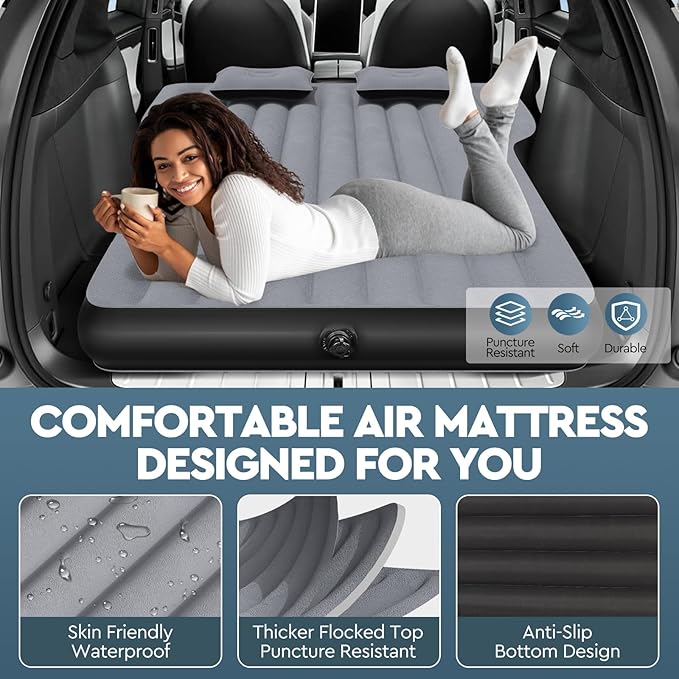 Tesla Model Y Mattress: Inflatable Camping Bed Air Mattress for Model Y, Thickened Travel SUV Sleeping Pad with Car Air Pump 2 Pillows