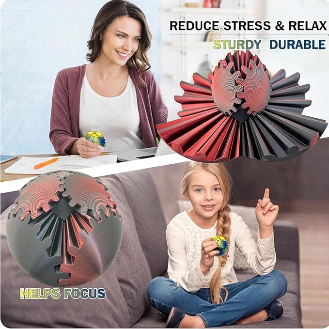ULTHOOL Gear Ball, 3D Printed Gear Ball Spin Ball Cube Fidget Toy, Gear Sphere, Gear Ball Fidget Toy, Stress Ball, GearSphere Desk Toy, Fidget Ball, Gear Toy for Anxiety Relaxing (Laser Dark Red)