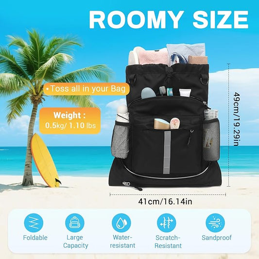 Drawstring Backpack, Waterproof Sandproof Beach Backpack for Sport Gear Small Gym Bag with Hidden Ball Net Pocket and Seperated Wet Pocket Draw String Back Bag for Women Men, Black