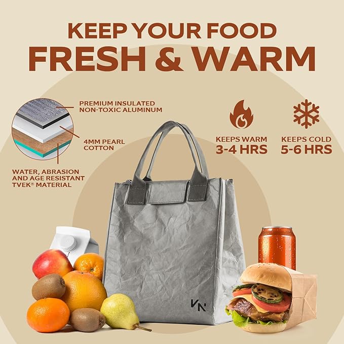 VonNova Insulated Lunch Box for Women, 7L Capacity, Leakproof Lunch Tote Bag, Durable Lunchbox made from Tyvek Material, Adult Cooler Bag for Work, Picnic, Travel and more (Grey)