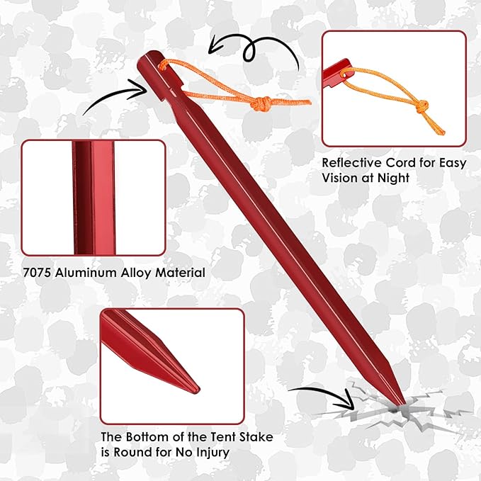 Grassman 12 Pack Tent Stakes, 7075 Aluminium Tent pegs, Heavy Duty Lightweight Ground Pegs, Durable and Safe Metal Camping Spikes, Red