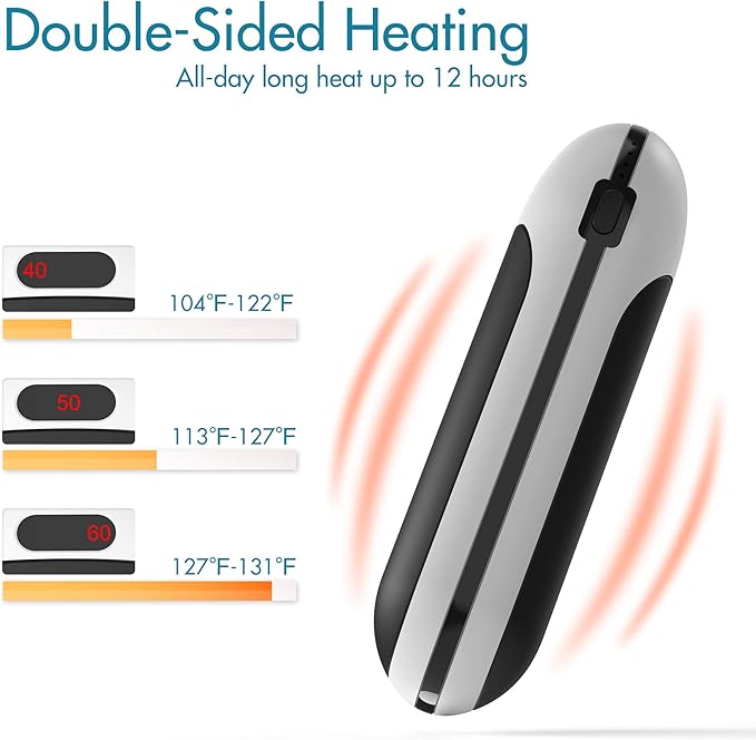 Portable Hand Warmers, 10000mAh Rechargeable Electric Hand Warmer and Power Bank, Pocket Size, Double-Sided Heating, 3 Heat Levels Up to 131℉, 12hrs Long Lasting, Winter Gift for Men Women