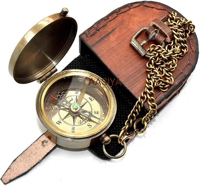 Military Compass For Hiking And Survival- Waterproof Brass Nautical Pocket Compass With Leather Carry Case & Chain For Camping Hunting Climbing Exploring Geology Outdoor Activities