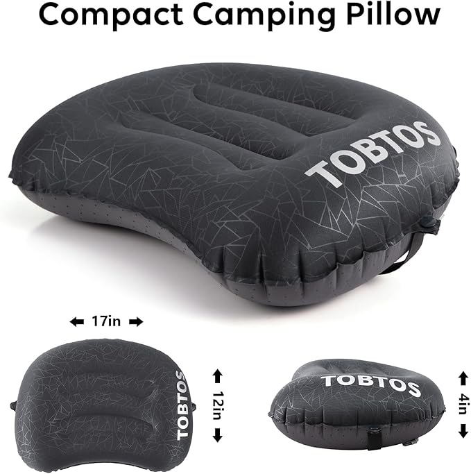 TOBTOS Camping Pillow Inflatable Pillow for Camping, Ultralight Backpacking Pillow, Ergonomic Support for Neck & Lumbar, Blow Up Air Pillow for Travel, Hiking, Outdoor (Black), 17x12