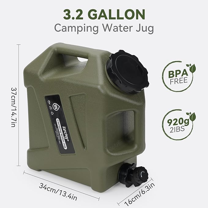 ZORMY 3.2 Gallon Camping Water Container with Spigot, Camping Water Jug, Portable Water Storage Container, BPA Free Large Emergency Water Storage for Camping, Vehicle, Car, Outdoor Hiking, Picnic