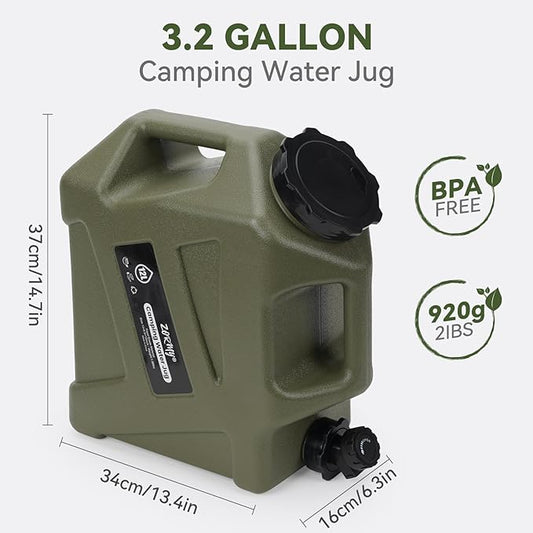 ZORMY 3.2 Gallon Camping Water Container with Spigot, Camping Water Jug, Portable Water Storage Container, BPA Free Large Emergency Water Storage for Camping, Vehicle, Car, Outdoor Hiking, Picnic