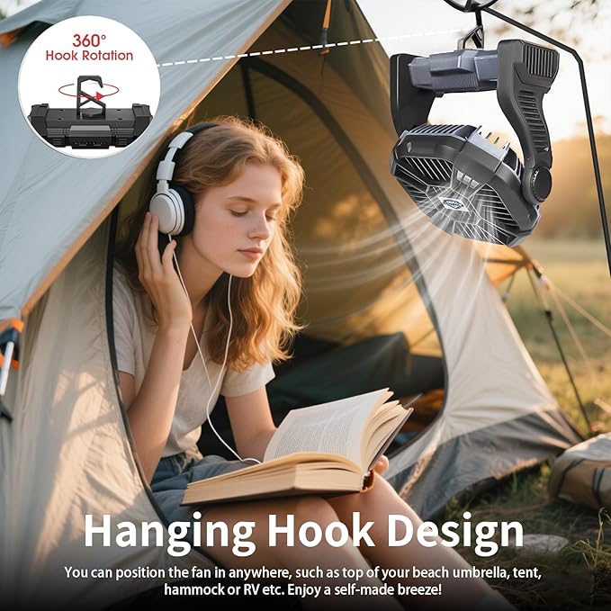 CONBOLA 25400mAh,Camping Fan, Portable Fans Rechargeable 9-Inch Battery Powered (180Hrs) LED Lantern, USB C Battery Beach Fan.