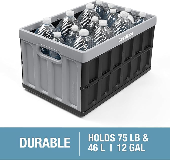 CleverMade Collapsible Storage Bins with Lids - Obsidian 3 Pack 46L- Plastic Containers Stackable Organization Crates Home Closet Space-Saving Durable