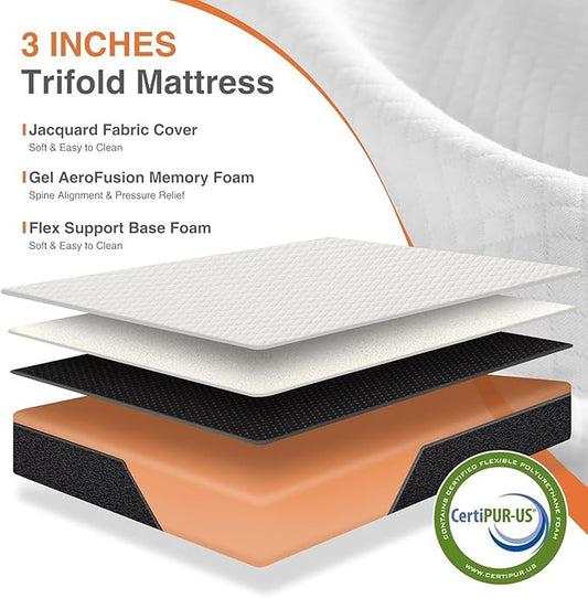 Sweetcrispy Tri-fold Memory Foam Mattress - 3 Inch Queen Size Portable Bed Pad, Foldable Floor Mat, Collapsible and Washable Cover with CertiPUR-US Certified, for Travel & Camping & Yoga