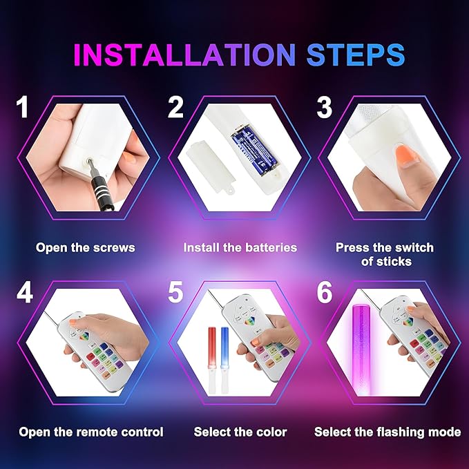 6PCS Glow Sticks Bulk, LED Light Stick with Remote Control, 3 Flashing Modes, 13 Changeable Colors, Batteries Included - Ideal for Wedding, Raves, Concerts, Parties, Camping and Sporting Events
