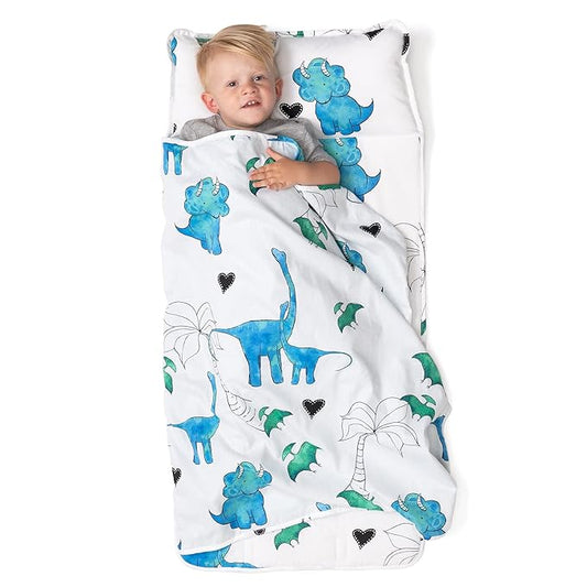 JumpOff Jo - Toddler Nap Mat - Sleeping Bag for Kids with Removable Pillow and Ultra Soft Blanket for Preschool, Daycare, and Sleepovers - Blue Dino