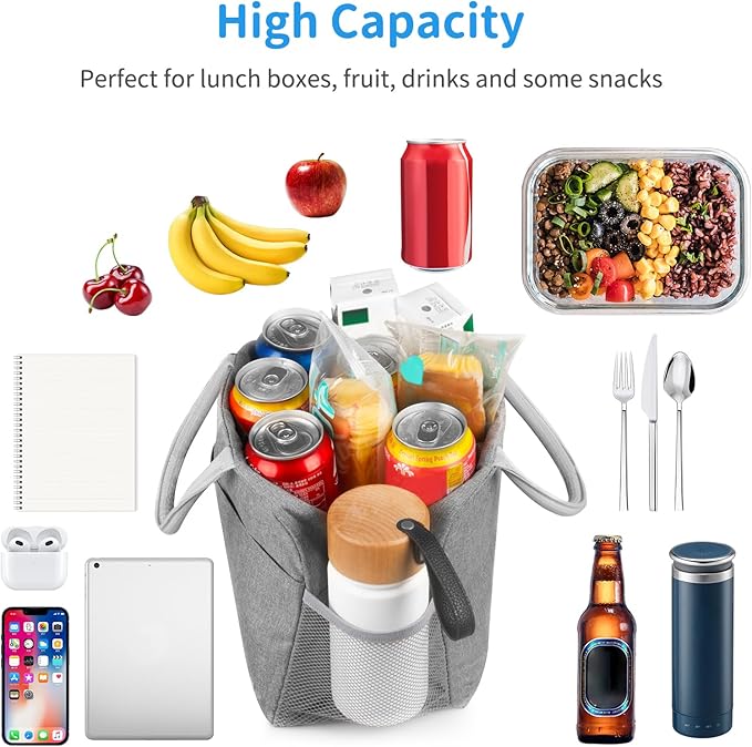 Lunch Bag Lunch Box for Women Men Reusable Insulated Cooler Lunch Tote Bags, Leakproof Cute LunchBag Large Capacity for Work Travel Picnic,Grey