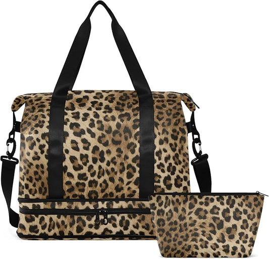 Leopard Weekender Bag for Women, Speckled Gym Sports Duffle Travel Tote With Toiletry Compartment, Shoes Storage, Dry/Wet Separation for Swimming