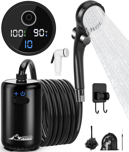 WADEO Portable Shower for Camping, 6000mAh Rechargeable Camping Shower with Fahrenheit Display, 10 Gear Switching, IPX8 Waterproof, Ideal for Outdoor Camping, Travel, Car Washing, Pet Bathing