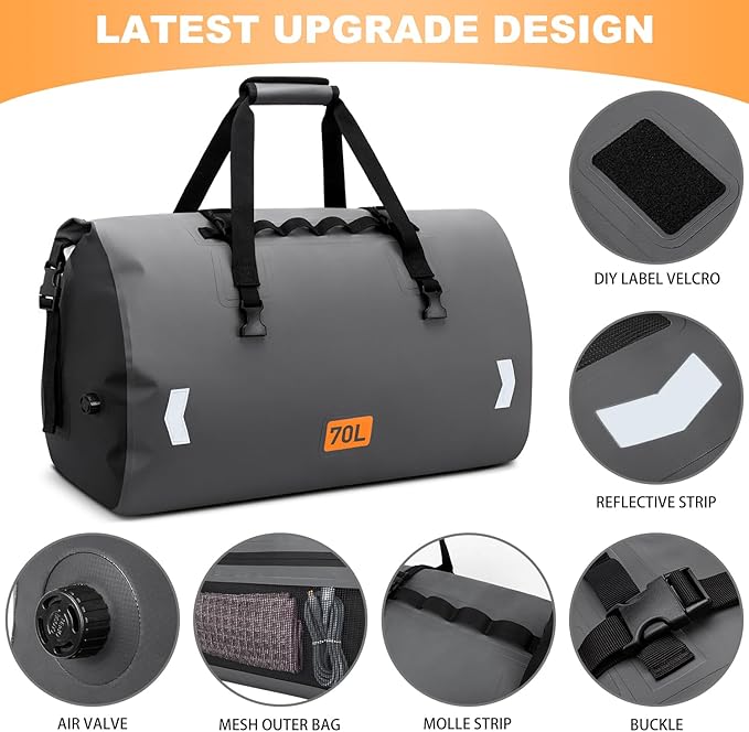 Motorcycle Dry Bag, Waterproof Duffel Bag & Roll-top Dry Duffel Bag, Motorcycle Luggage Travel Bag with Air Valve & Quick-adjust Straps For Riding,Travel, Grey，70L