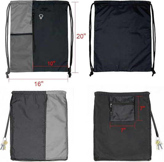 Drawstring Backpack Sports Gym Bag for Women Men Large Size With Two Zipper Pockets and Water Bottle Mesh Pockets