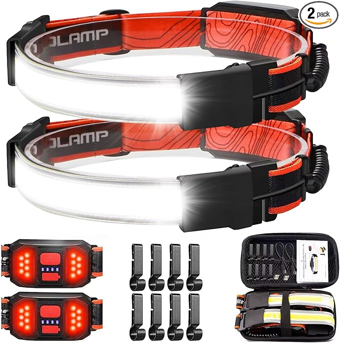 LED Headlamp Flashlight with Case Box 230° Broadbeam Headlight, USB Rechargeable Head Lamp with Red Taillight, Lightweight Waterproof Headlamps for Camping Running Hiking, Hard Hat Headlamp