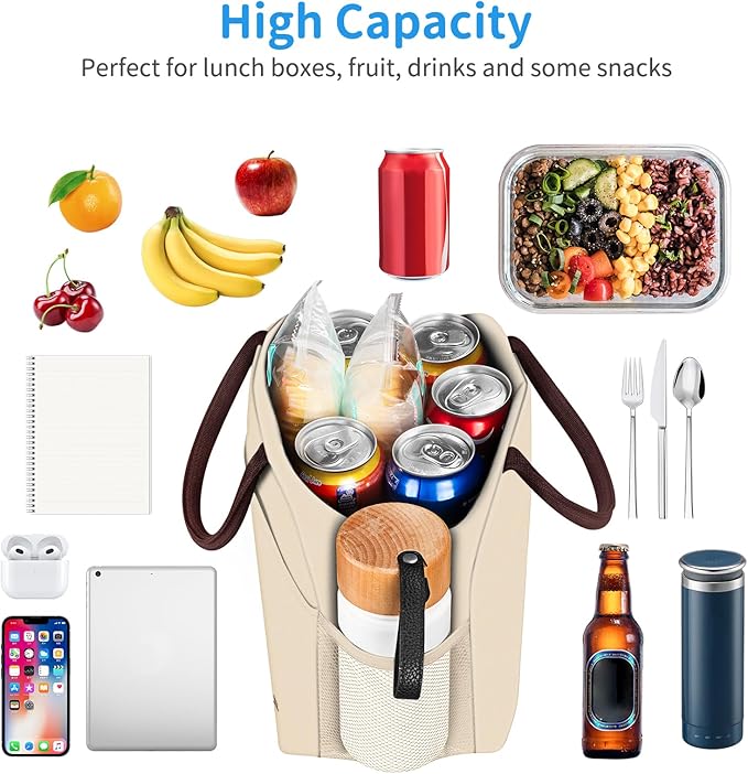 Lunch Bag Lunch Box for Women Men Reusable Insulated Lunch Tote Bag,Leakproof Thermal Cooler Sack Food Handbags Case High Capacity for Travel Work Picnic Beach,BEIGE