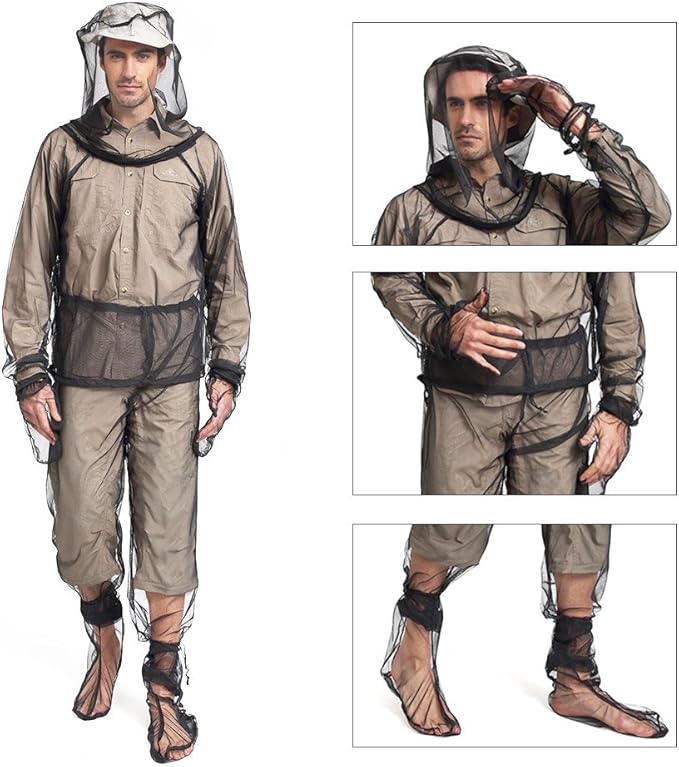 LIXADA Mesh Suit Set with Jacket Hood, Mitts, Socks & Storage Sack - Ultra-fine Net Mesh Clothing for Fishing Hiking Camping