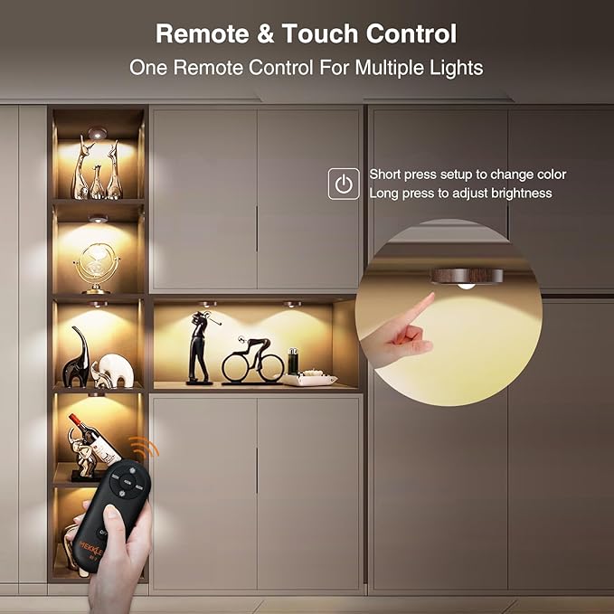 Puck Lights with Remote Control,2000mAh Rechargeable Under Counter Lighting,3 Color Temperatures Dimmable Under Cabinet,Closet Light,3Pack Tap Light for Hallway (Wood Color, 5 Pcs)