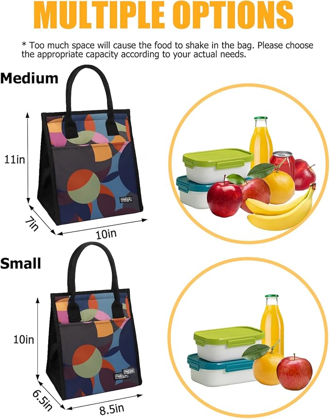 Fmeida insulated Lunch Bag Women, Thermal Lunch Tote Bag, Reusable Lunch Box Bags for Women Lady | Front&Side&Inside Pockets, Small Colorful Circle