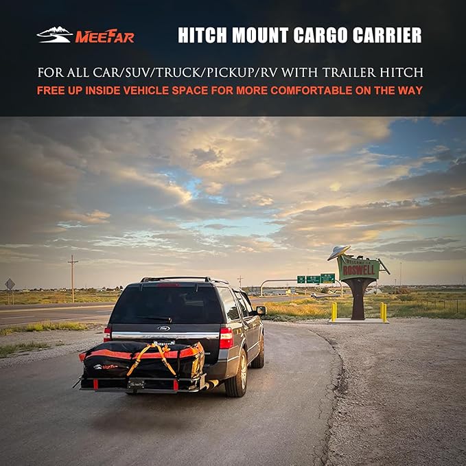 MeeFar Hitch Mount Cargo Carrier Basket 53" x19" x 5"+Waterproof Cargo Bag (51" x17"x 18"),Hauling Weight Capacity of 500 Lbs fit on 2 Inch Receiver with Hitch Stabilizer,Net and Straps
