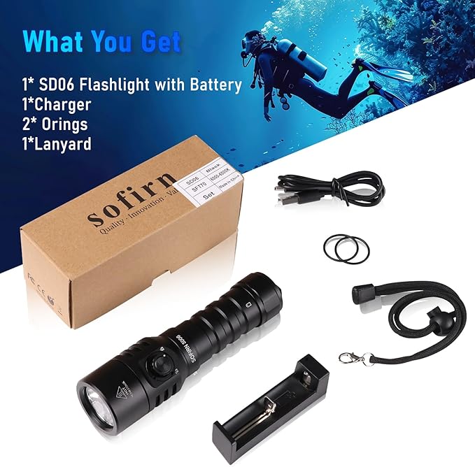 sofirn SD06 Scuba Diving Flashlight, 3200 High Lumens 472 Meters Long Throw Bright Underwater Light, Waterpoof Flashlight for Underwater 100 Meters with Charger(6500k)