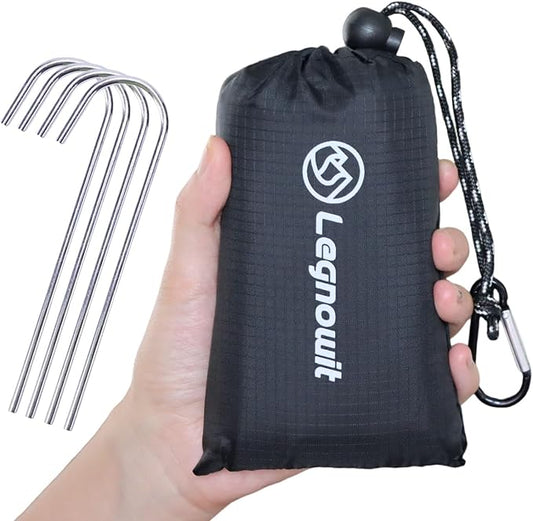 Outdoor Pocket Blanket, Packable Compact Lightweight Blanket Tarp, Small Beach Blanket Sandproof Waterproof, Fast Dry Ground Cover for Picnic Concert Festival Camping, Stakes Included (Black)