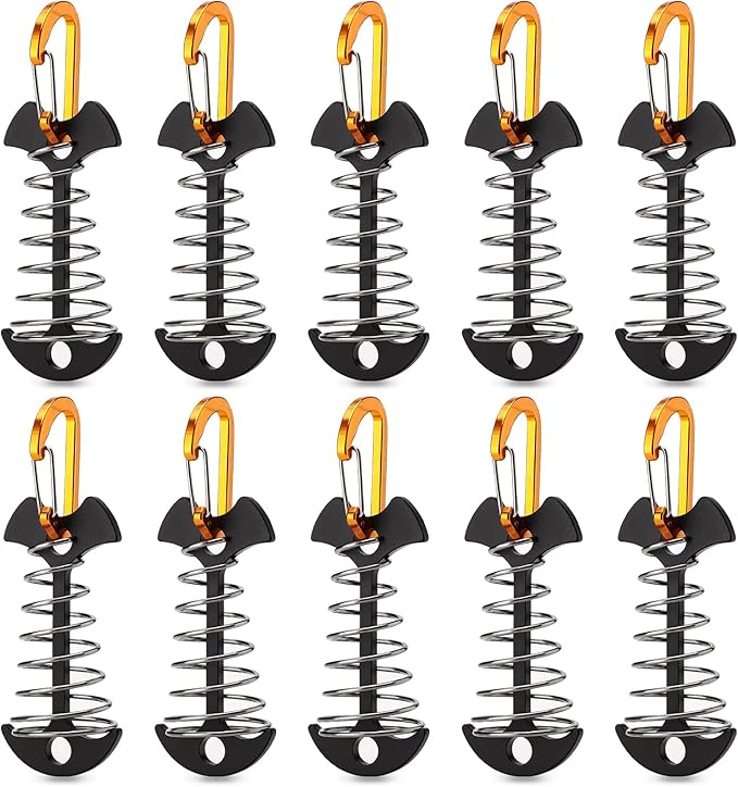 TOBWOLF 10PCS Black Fishbone Deck Anchor Pegs with Carabiners, Aluminium Deck Tie Down Tent Stakes, Windproof Tent Rope Tighteners with Spring Buckle, Outdoor Camping Hiking Cord Adjuster Tensioners
