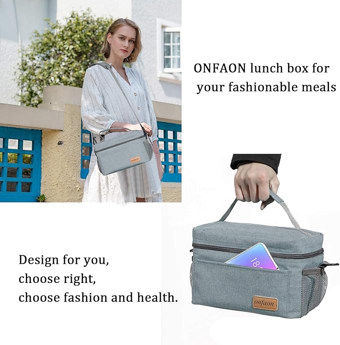 Lunch Bag for Men/Women, Insulated Reusable Lunch Box Leakproof Cooler Tote Bag Freezable with Adjustable Shoulder Strap for Office Work Picnic Beach(Grey)