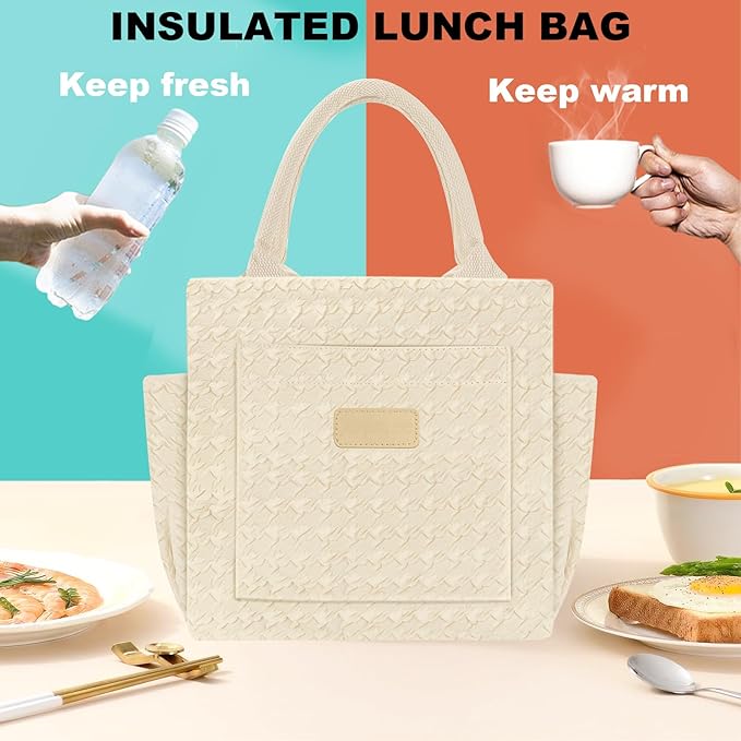 Joymee Lunch Bag Women Insulated Lunch Box Reusable Leakproof Large Spacious Cooler Tote for Women Men Adult with Bottle Holder and Side Pockets for Work Office Travel Picnic - B-Beige