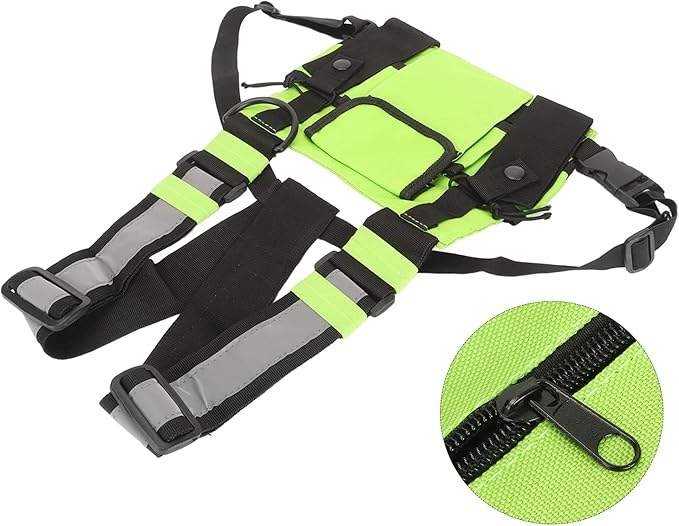 Universal Radio Chest Harness Rig Bag, Walkie Talkie Pocket Pack Holster Vest with Front Pouches & Adjustable Shoulder Straps for Two Way Radio (Bright Green)