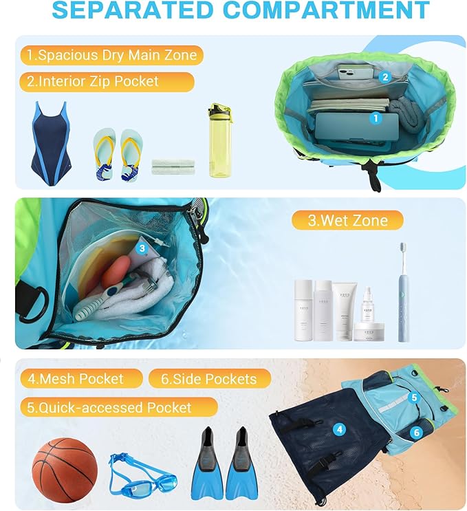 Drawstring Backpack, Waterproof Sandproof Beach Backpack for Sport Gear Small Gym Bag with Hidden Ball Net Pocket and Seperated Wet Pocket Draw String Back Bag for Women Men, Blue